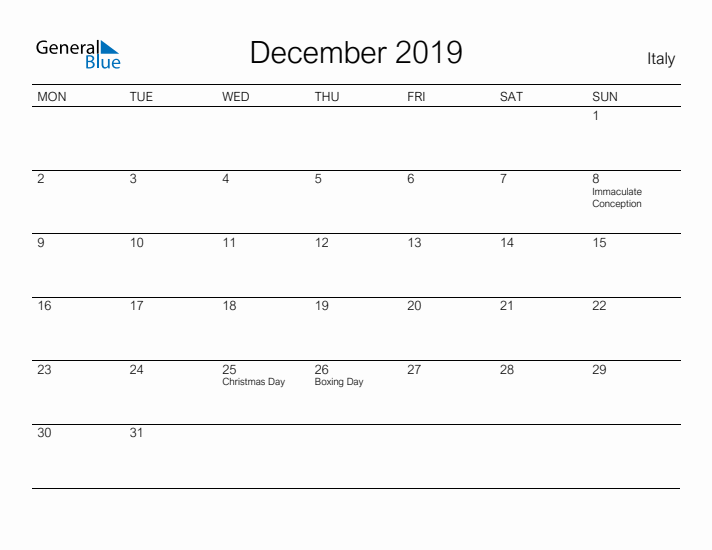 Printable December 2019 Calendar for Italy