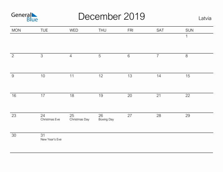 Printable December 2019 Calendar for Latvia
