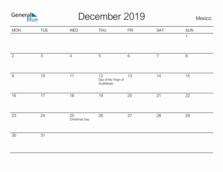 Printable December 2019 Calendar for Mexico