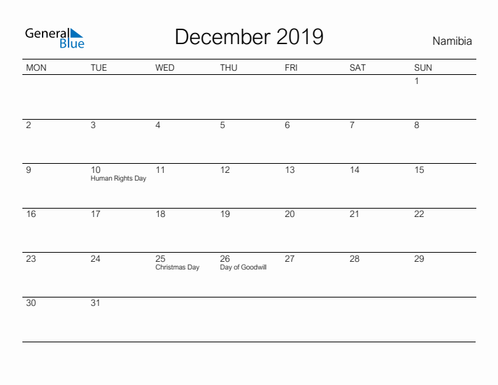 Printable December 2019 Calendar for Namibia