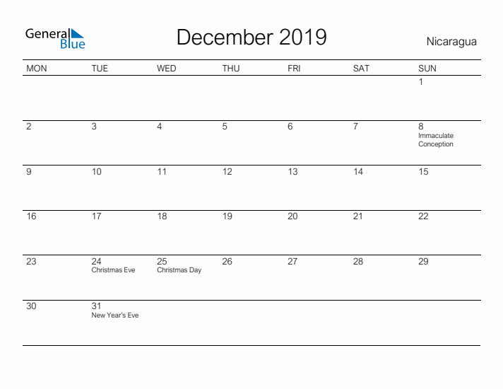 Printable December 2019 Calendar for Nicaragua