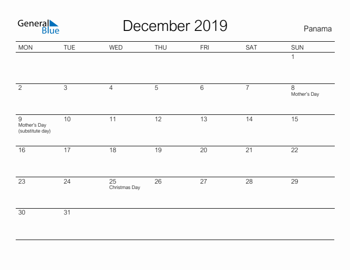 Printable December 2019 Calendar for Panama