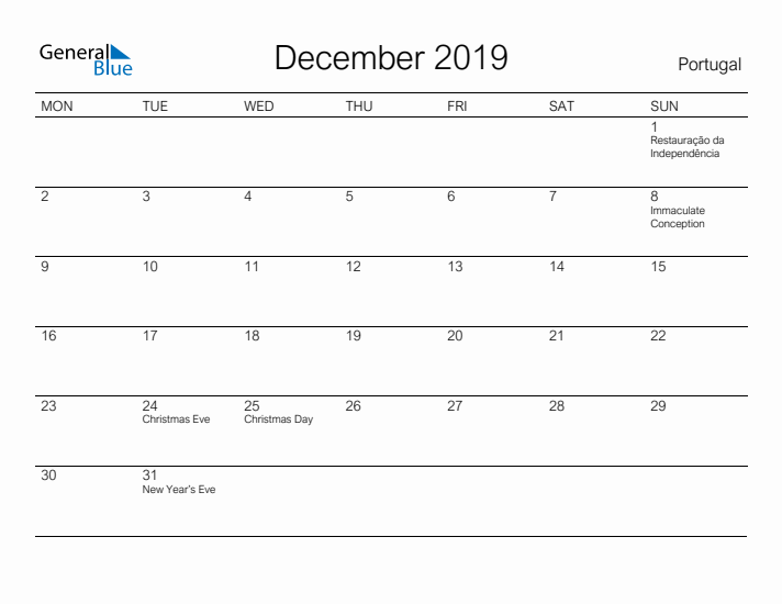 Printable December 2019 Calendar for Portugal