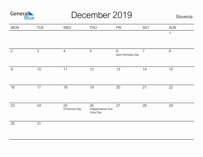 Printable December 2019 Calendar for Slovenia