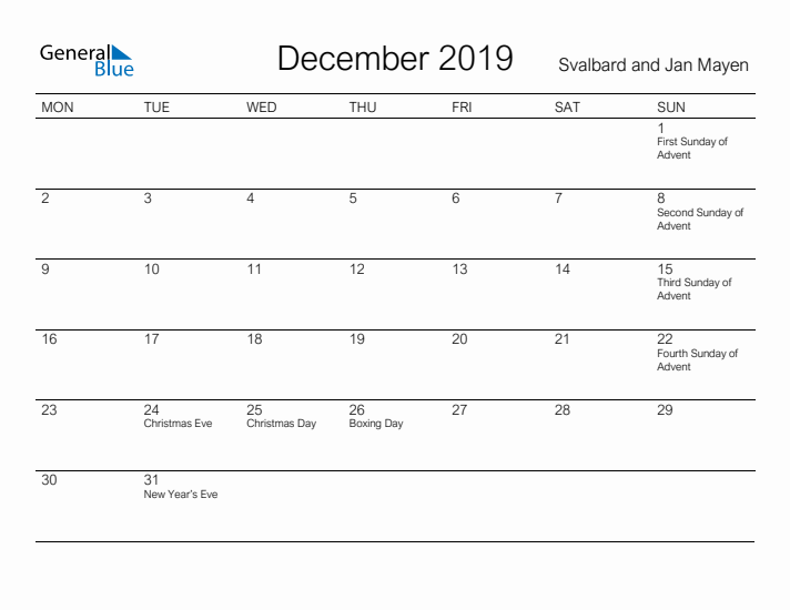 Printable December 2019 Calendar for Svalbard and Jan Mayen