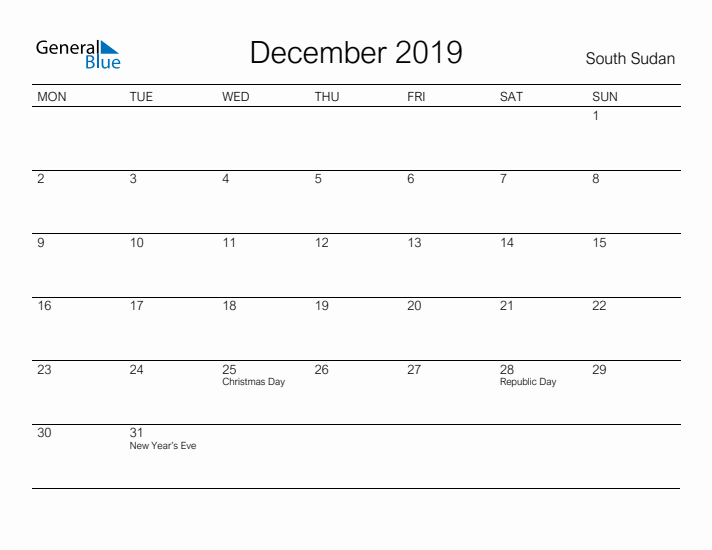 Printable December 2019 Calendar for South Sudan
