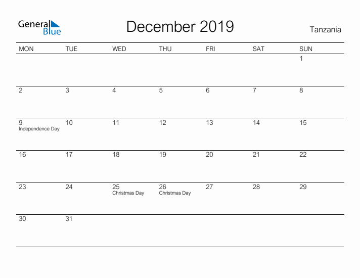 Printable December 2019 Calendar for Tanzania