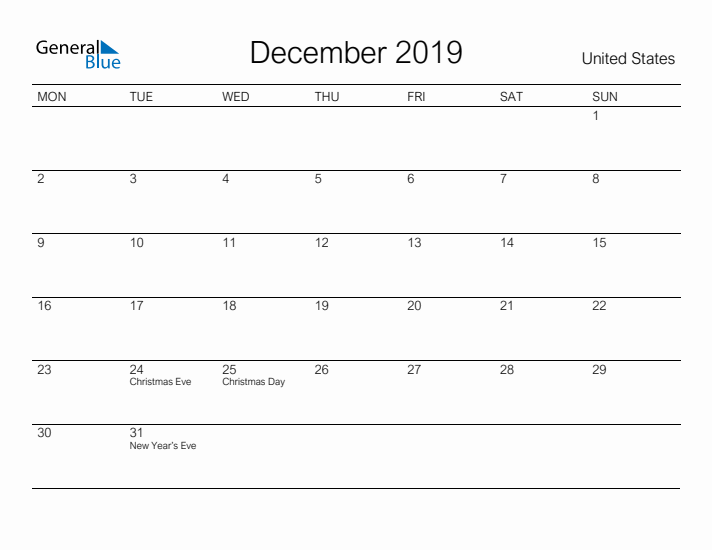 Printable December 2019 Calendar for United States