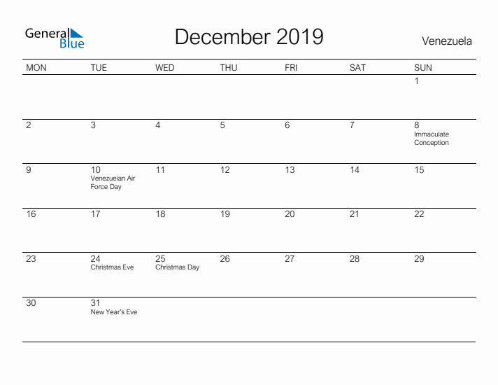 Printable December 2019 Calendar for Venezuela