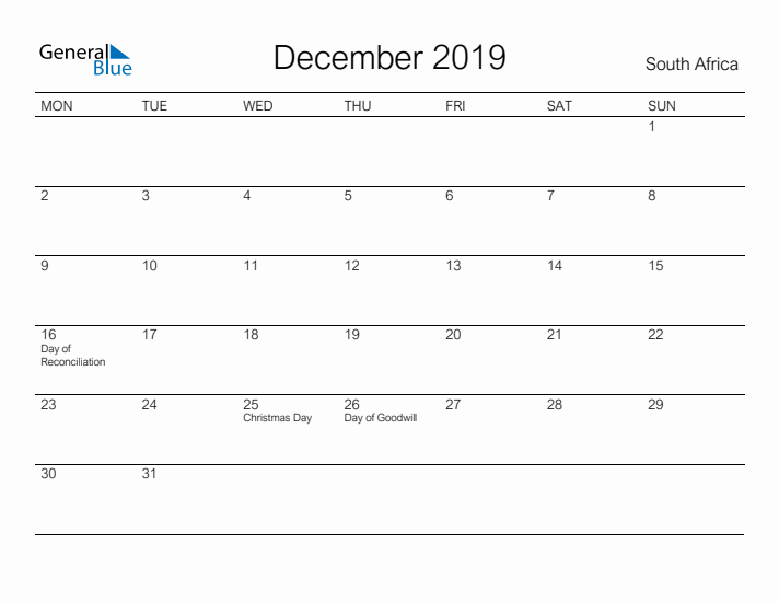 Printable December 2019 Calendar for South Africa