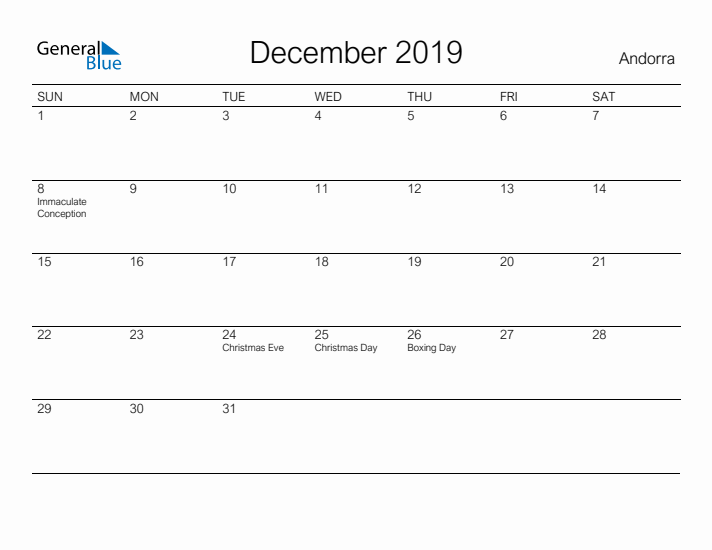 Printable December 2019 Monthly Calendar with Holidays for Andorra