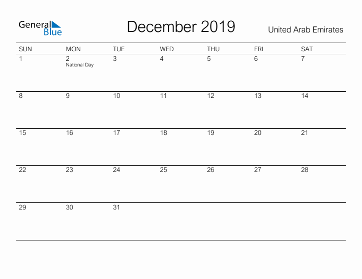 Printable December 2019 Calendar for United Arab Emirates