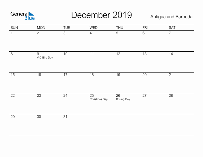 Printable December 2019 Calendar for Antigua and Barbuda