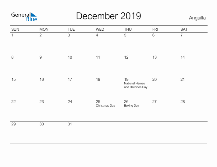 Printable December 2019 Calendar for Anguilla
