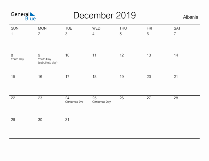 Printable December 2019 Calendar for Albania