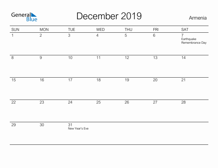 Printable December 2019 Calendar for Armenia