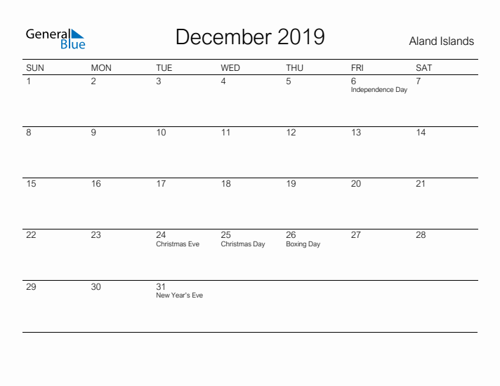 Printable December 2019 Calendar for Aland Islands