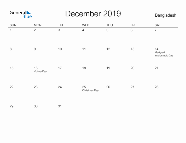 Printable December 2019 Calendar for Bangladesh