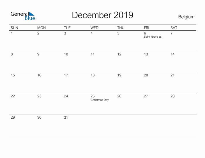 Printable December 2019 Calendar for Belgium