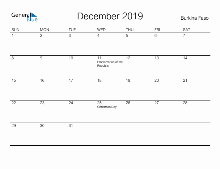 Printable December 2019 Calendar for Burkina Faso