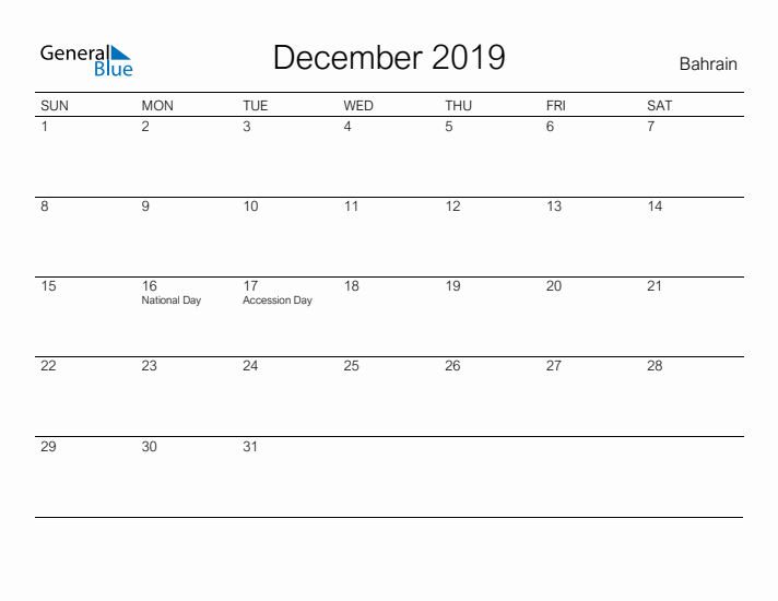 Printable December 2019 Calendar for Bahrain