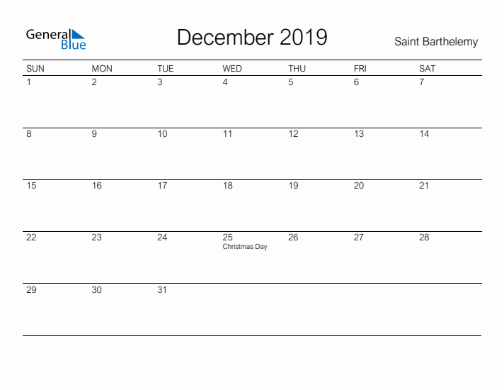 Printable December 2019 Calendar for Saint Barthelemy