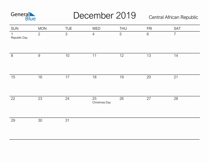 Printable December 2019 Calendar for Central African Republic