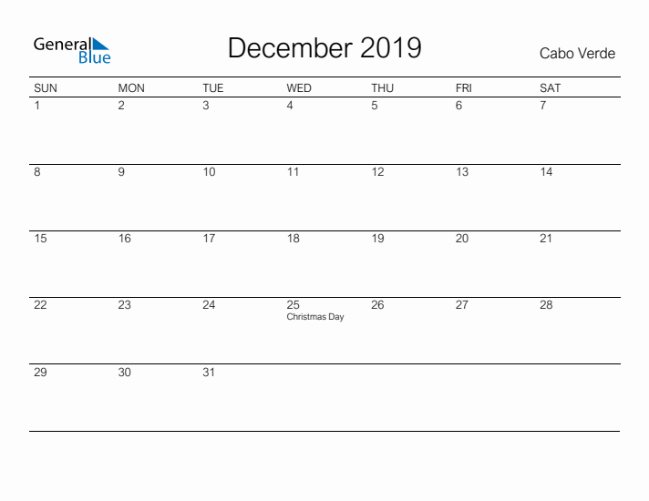 Printable December 2019 Monthly Calendar with Holidays for Cabo Verde
