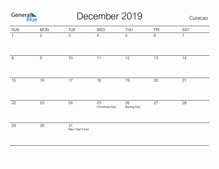 Printable December 2019 Calendar for Curacao