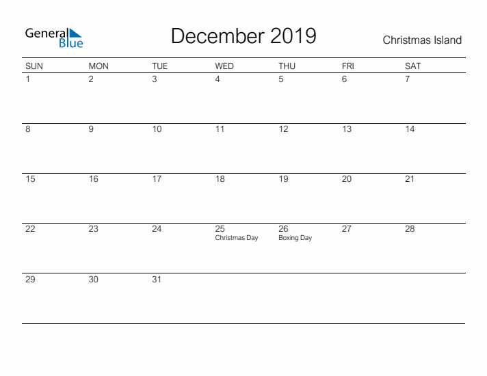 Printable December 2019 Monthly Calendar with Holidays for Christmas Island