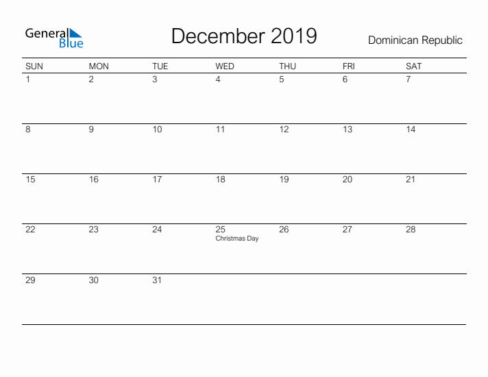 Printable December 2019 Calendar for Dominican Republic