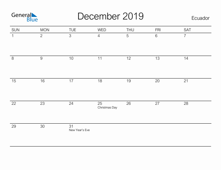 Printable December 2019 Calendar for Ecuador