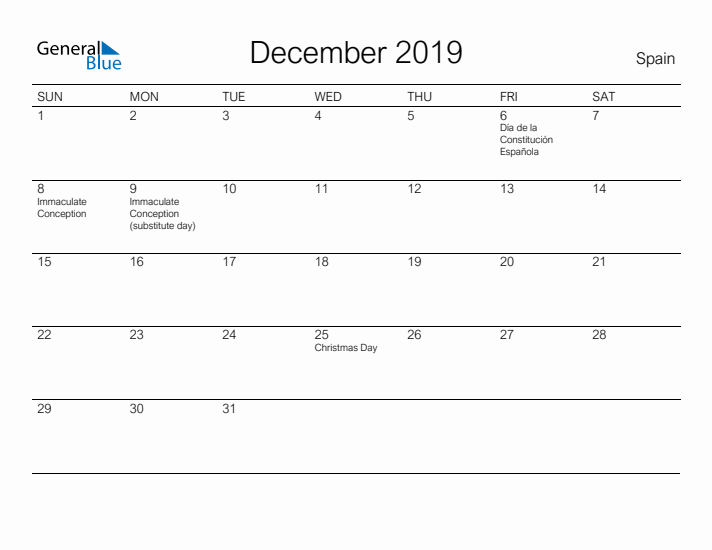 Printable December 2019 Calendar for Spain