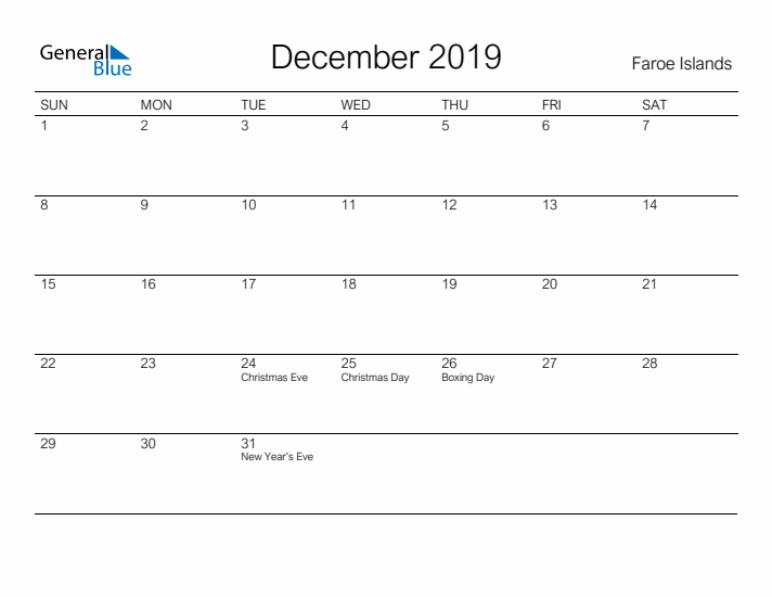 Printable December 2019 Calendar for Faroe Islands