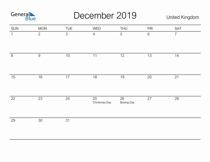 Printable December 2019 Calendar for United Kingdom