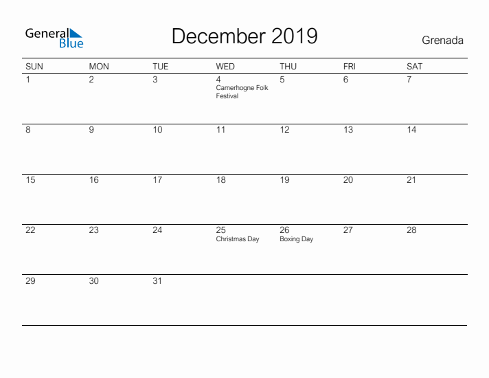 Printable December 2019 Calendar for Grenada