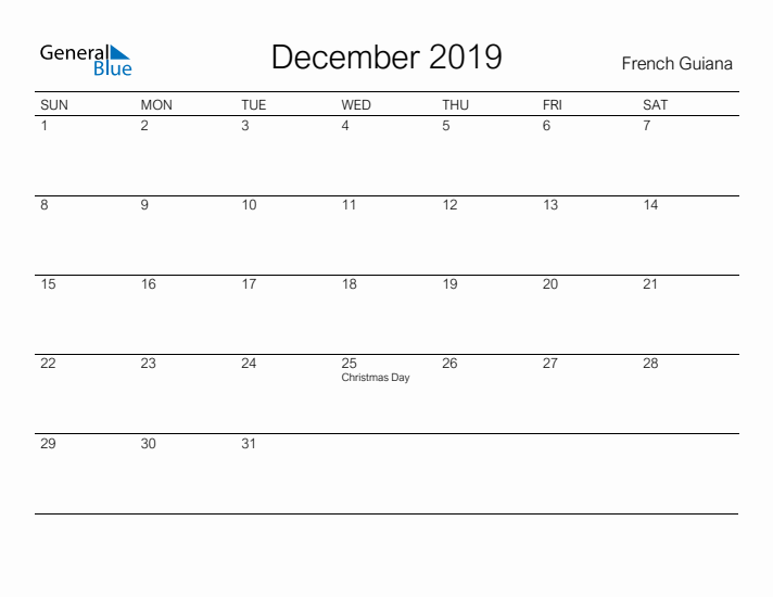 Printable December 2019 Calendar for French Guiana