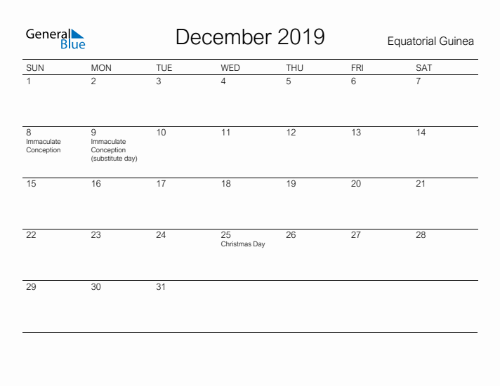 Printable December 2019 Calendar for Equatorial Guinea