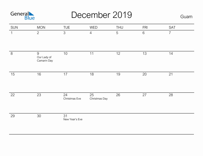 Printable December 2019 Calendar for Guam