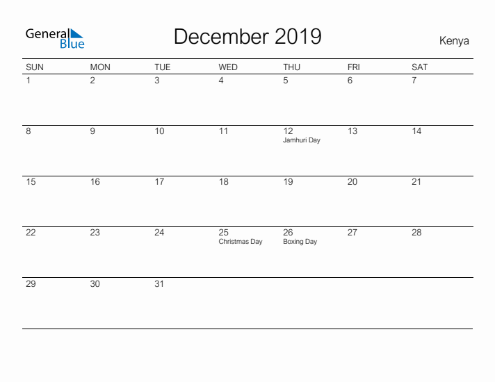 Printable December 2019 Calendar for Kenya