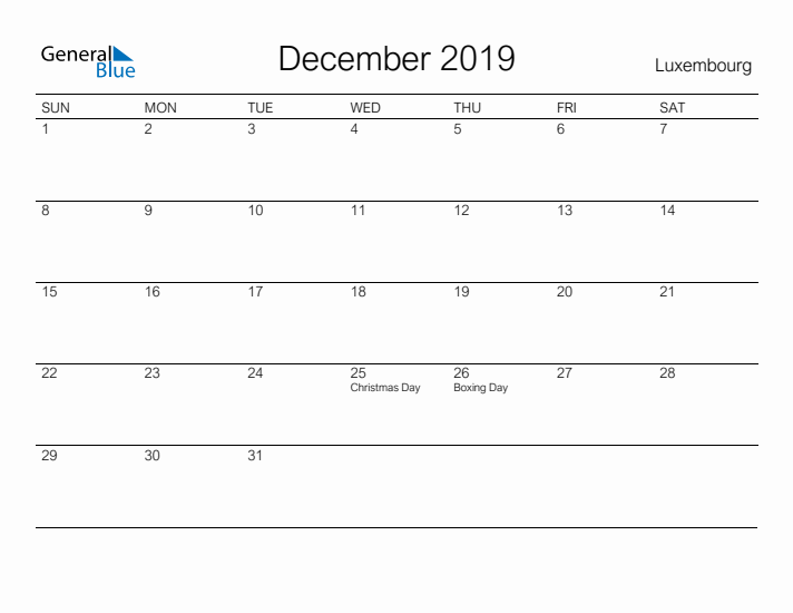 Printable December 2019 Calendar for Luxembourg