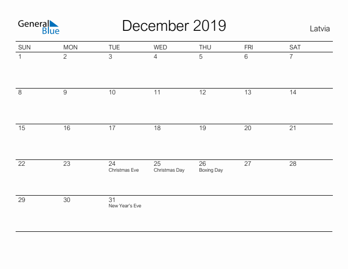 Printable December 2019 Calendar for Latvia