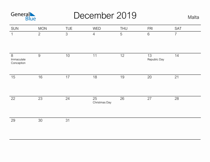 Printable December 2019 Calendar for Malta