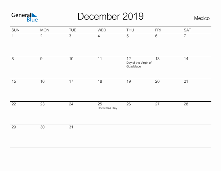 Printable December 2019 Calendar for Mexico
