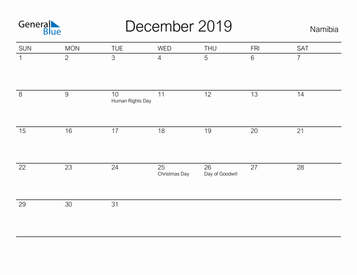 Printable December 2019 Calendar for Namibia