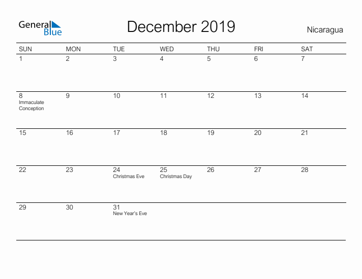 Printable December 2019 Calendar for Nicaragua