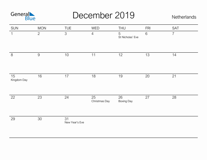 Printable December 2019 Calendar for The Netherlands