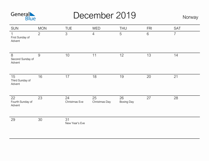Printable December 2019 Calendar for Norway