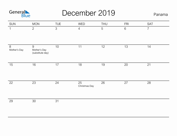 Printable December 2019 Calendar for Panama