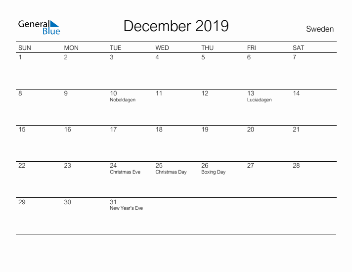 Printable December 2019 Calendar for Sweden